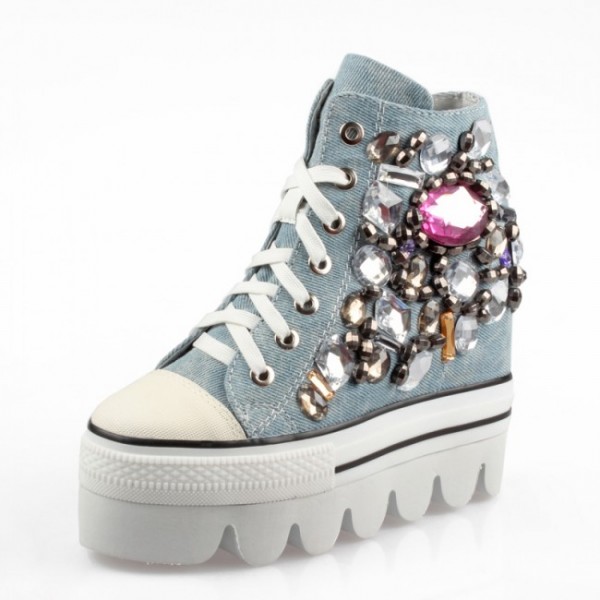 Women Beaded Denim 5Inches/13CM Height Increasing Casual Elevator Shoes