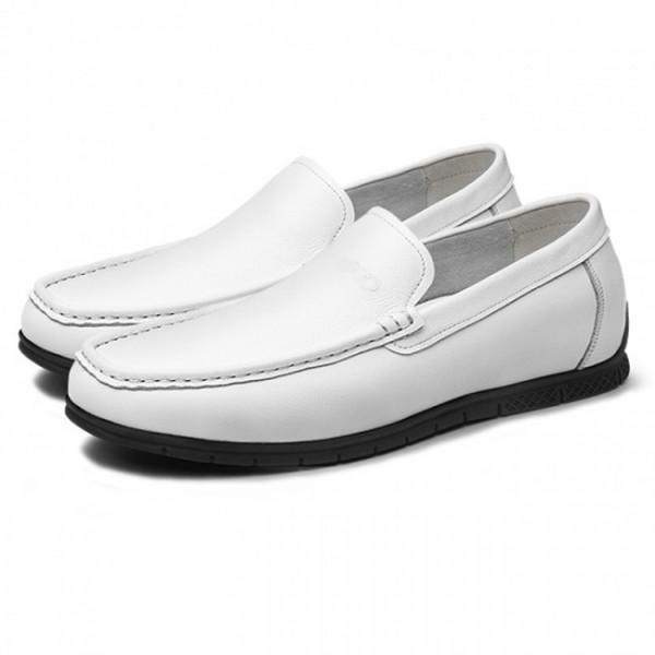 2.2Inch / 5.5cm White Height Increasing Loafers Soft Cowhide Slip On Driving Shoes