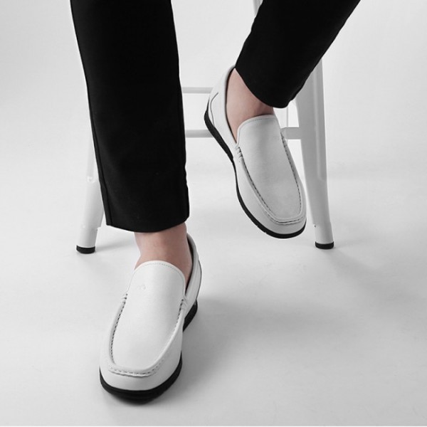 2.2Inch / 5.5cm White Height Increasing Loafers Soft Cowhide Slip On Driving Shoes